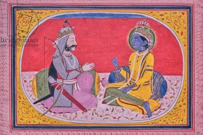 Arjuna with Krishna, engaged in dialogue, Bhagavad Gita, Miniature Painting, India, 1971